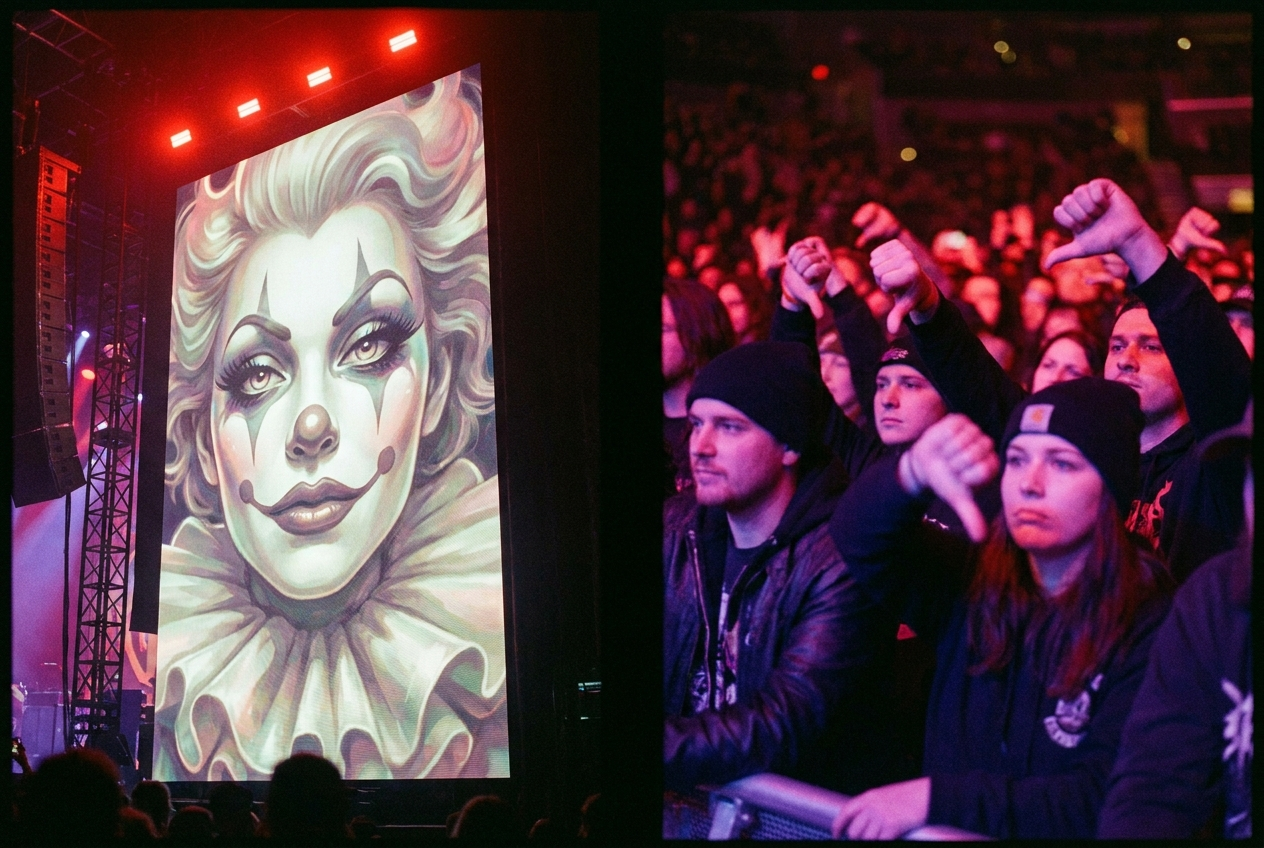 alt text: A split-screen showing a glamorous AI-generated carnival clown face on a giant LED screen at a rock concert on the left, and disappointed fans in the audience making thumbs-down gestures on the right, dramatic stage lighting in red and purple