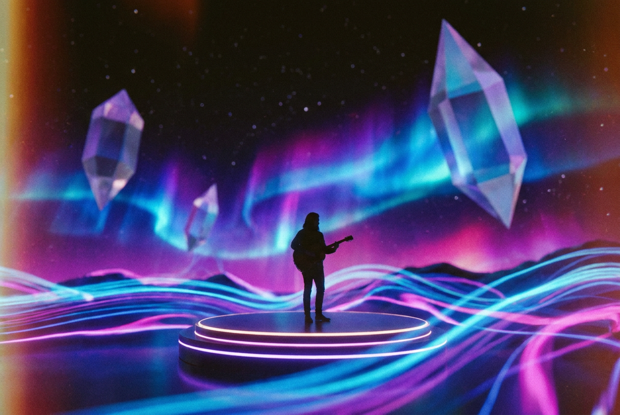 alt text: A vibrant AI-generated music video scene showing an abstract neon landscape with floating geometric shapes, a musician's silhouette standing on a glowing platform surrounded by swirling aurora-like colors in deep purple and electric blue, a surreal and artistic atmosphere