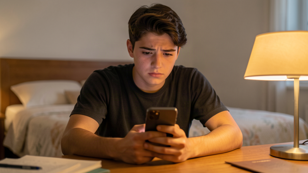 Gioco d'azzardo tra i minori: un adolescente con lo smartphone, riflessivo