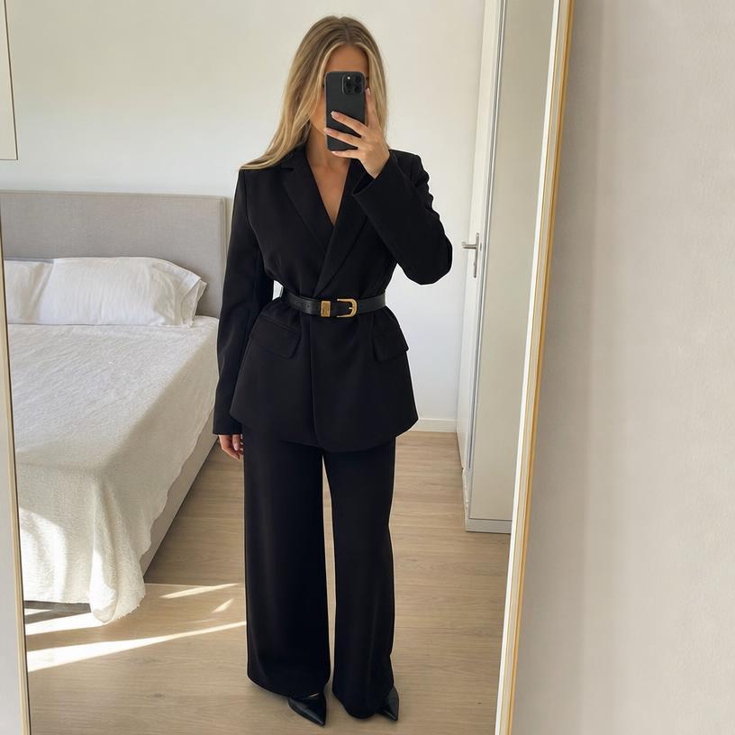 Black belted blazer jacket with gold buckle