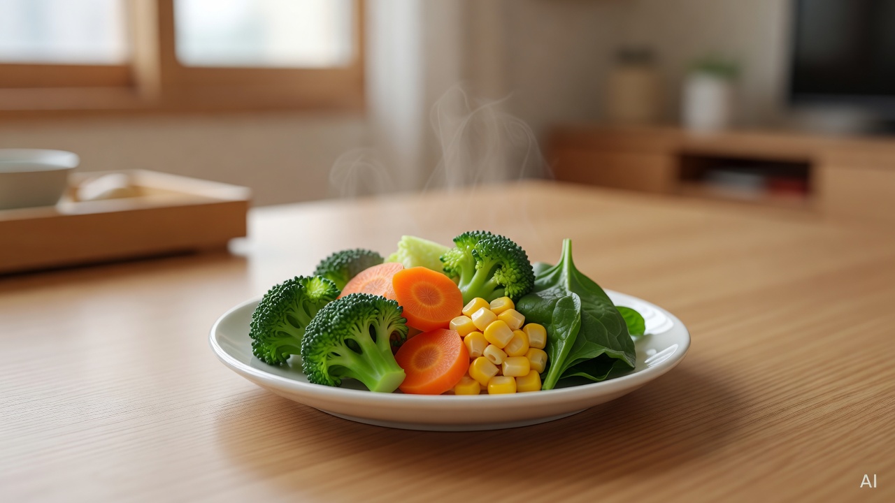 small white plate with bite-sized steamed vegetables on a light-colored dining table