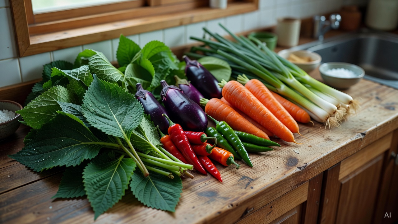 various colorful vegetables arranged on a wooden kitchen counter, seen from above