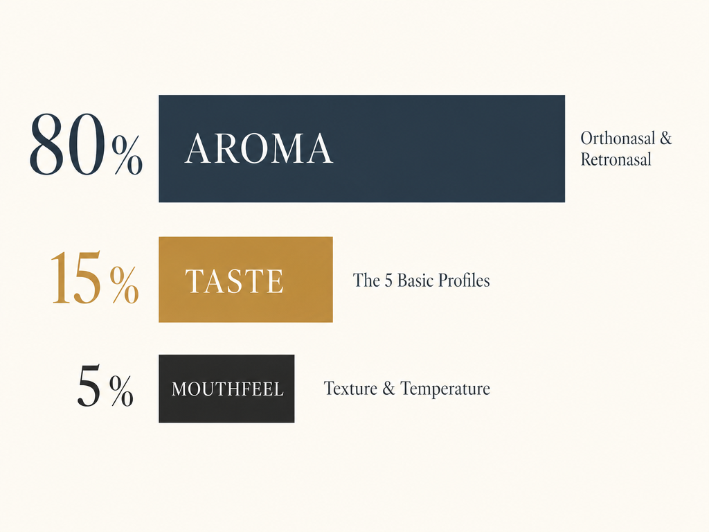 An infographic showing that aroma accounts for 80 percent of flavor, taste accounts for 15 percent, and mouthfeel makes up the remaining 5 percent.