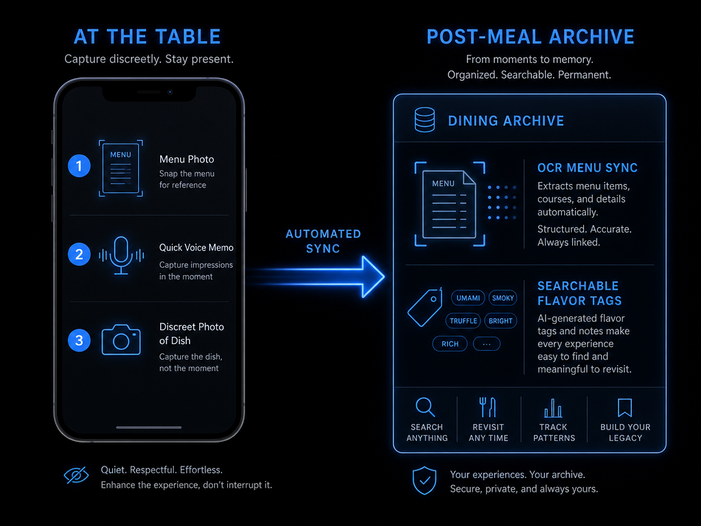 A workflow diagram showing how to discreetly take menu photos and voice memos at a restaurant to sync with a searchable flavor database later.
