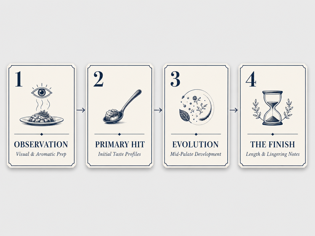 A four-step process diagram for tasting food, including steps for Observation, Primary Hit, Mid-Palate Evolution, and the Final Finish notes.