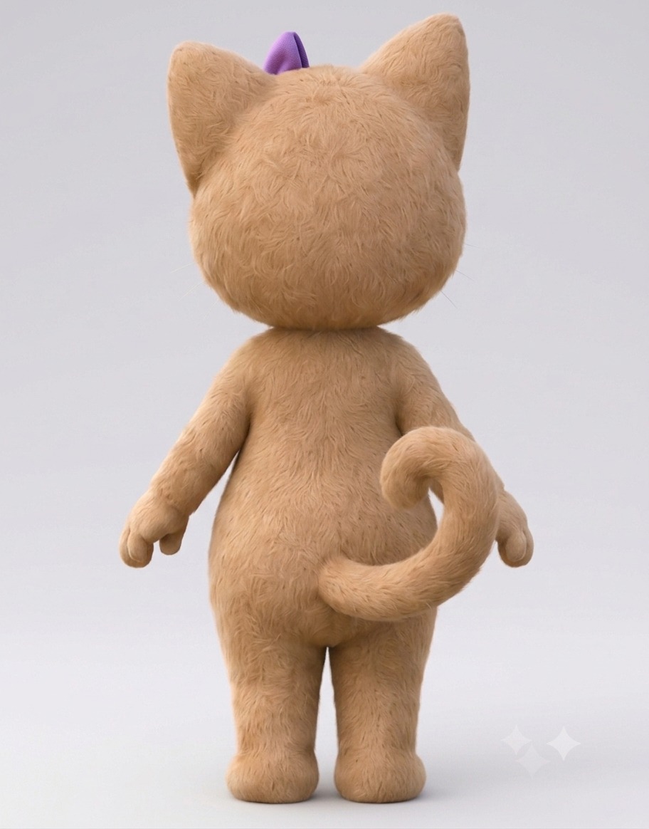 standing fuzzy cartoon cat with purple bow — free 3D model