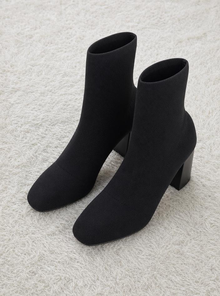 Black ribbed sock ankle boots with block heel
