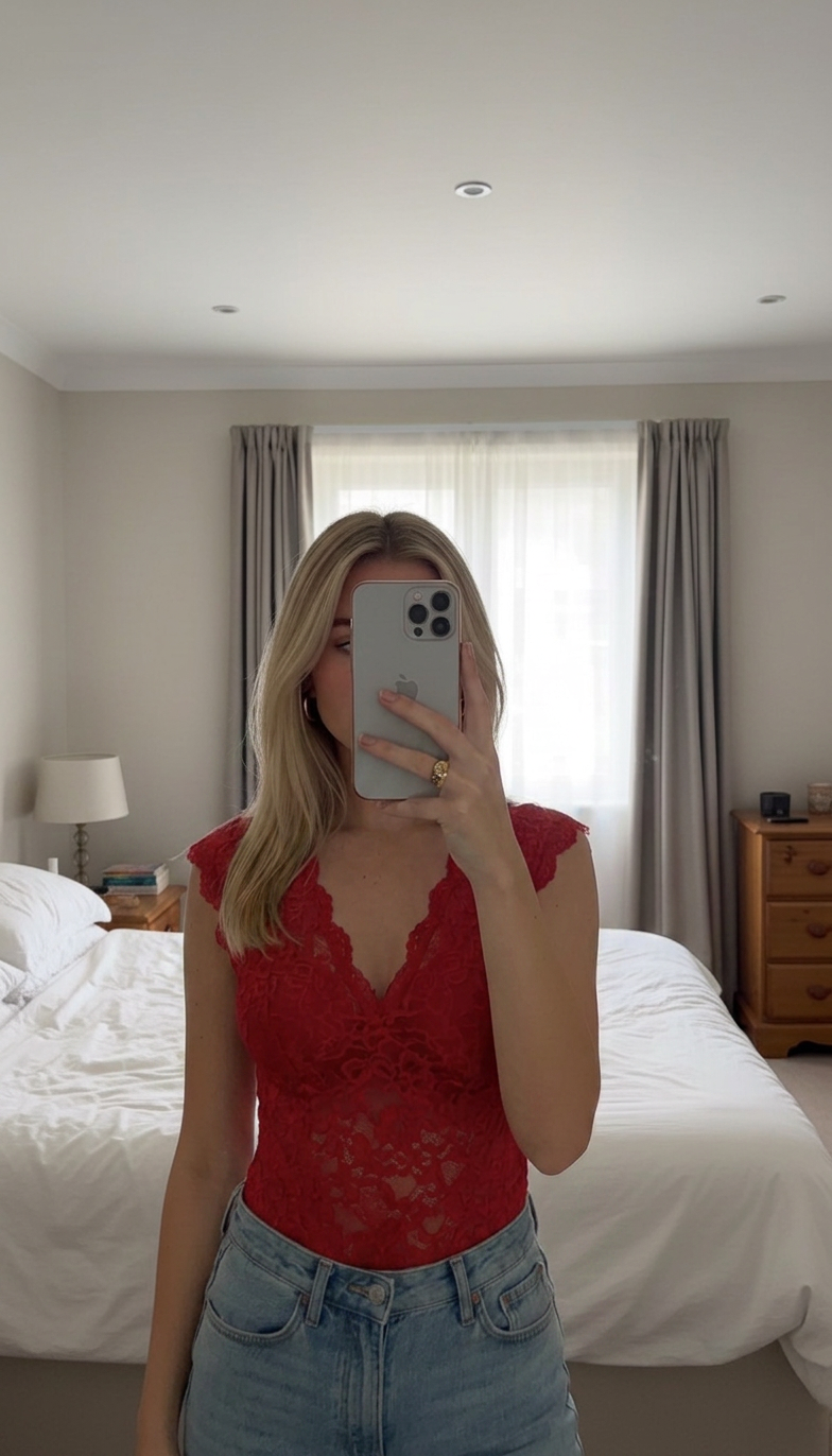 Red Lace Long-Sleeve Bodysuit – Very Good Condition
