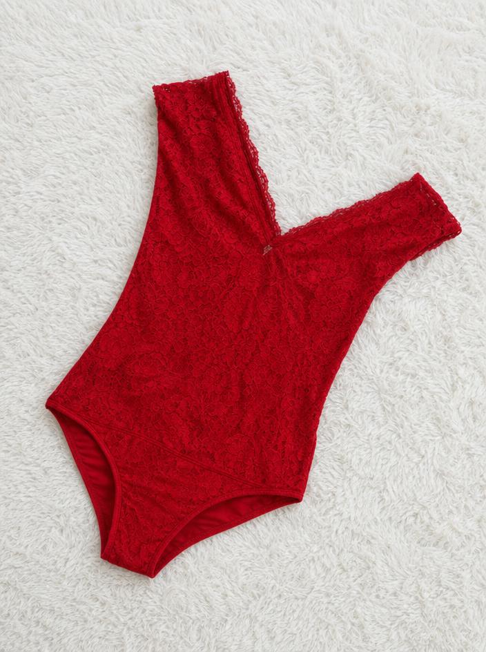 Red Floral Lace Teddy Bodysuit – Very Good Condition