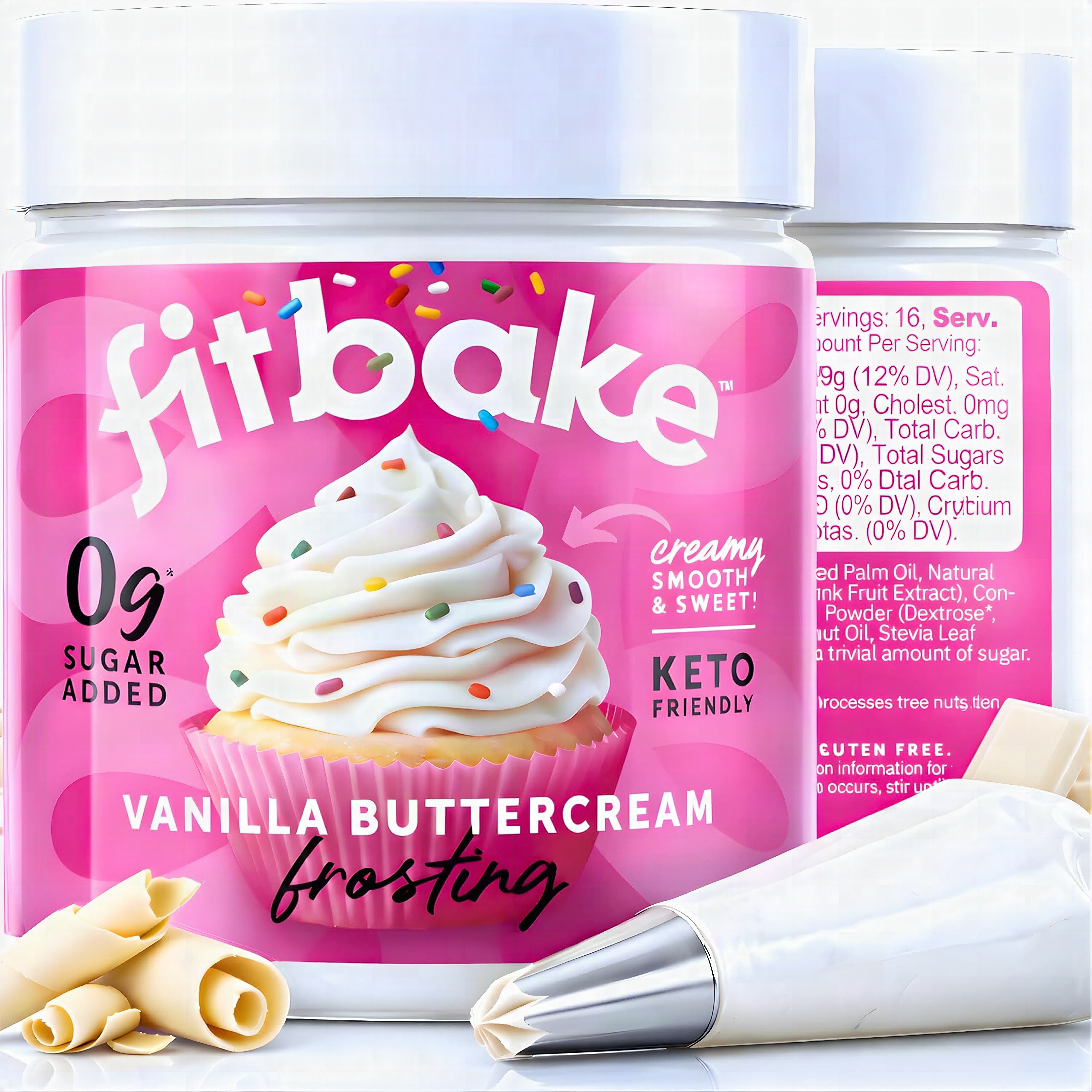 Macro close-up of FitBake vanilla buttercream frosting showing creamy texture and swirl detail in a glass jar