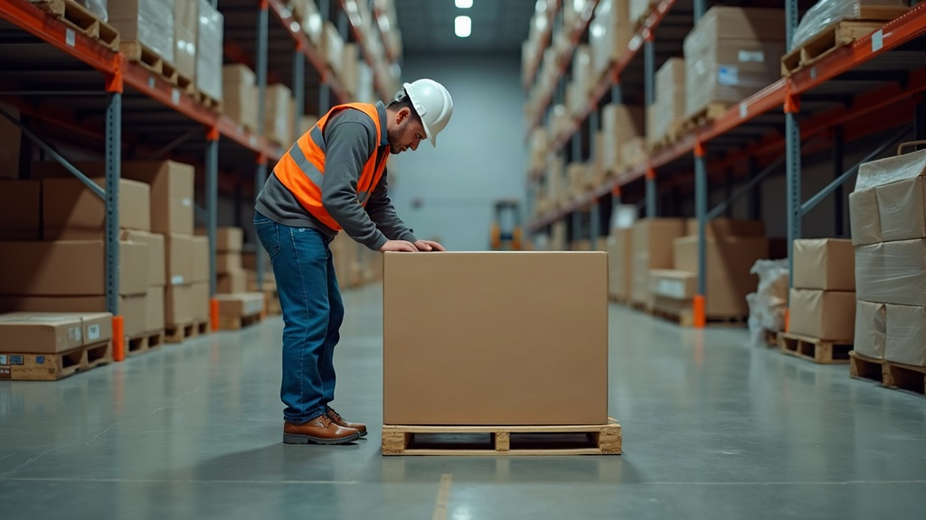 Warehouse worker lifting heavy box triggering sciatica nerve pain