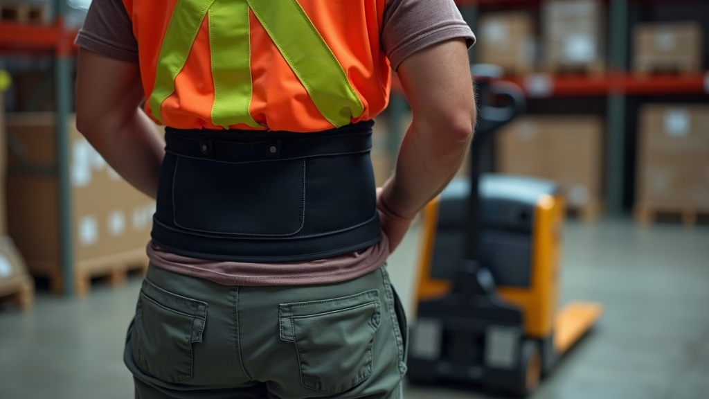 Lumbar support belt worn by warehouse worker on concrete floor