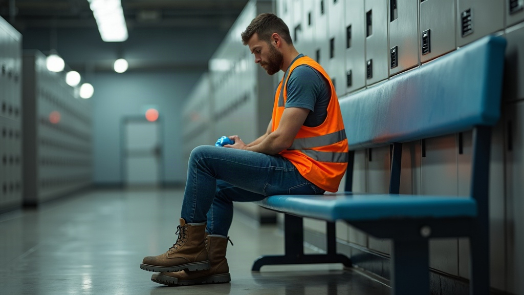 Worker applying ice pack to lower back during warehouse break