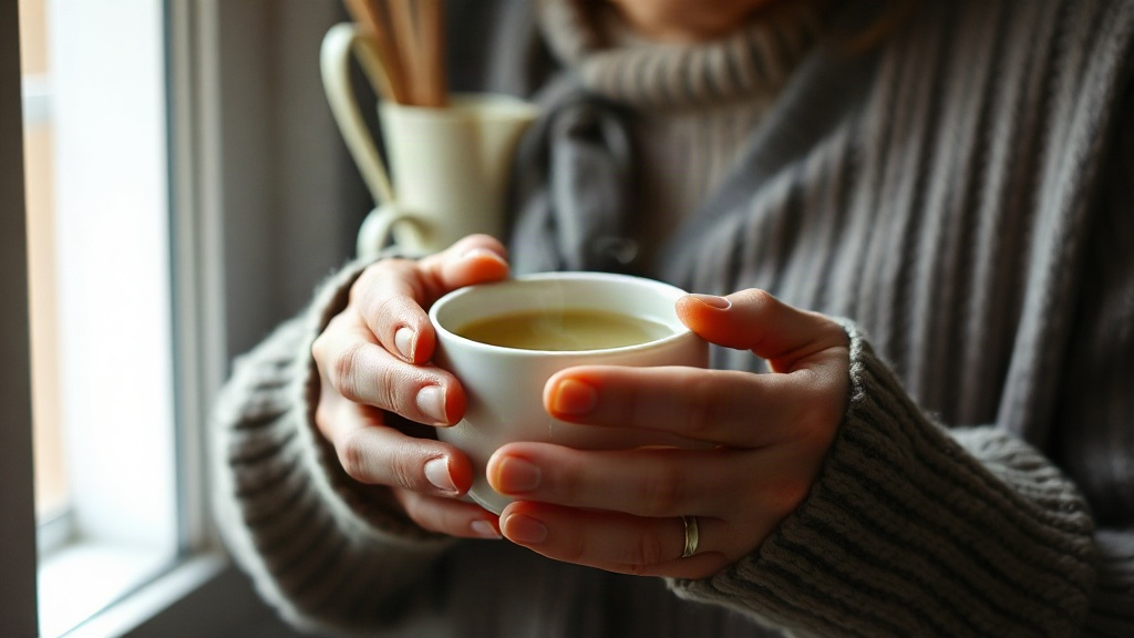 Mains tenant une tasse de thé vert chaud dans une ambiance de cuisine française chaleureuse
