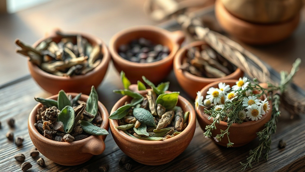 Assortiment de plantes médicinales pour infusions : busserole, thé vert, camomille, thym
