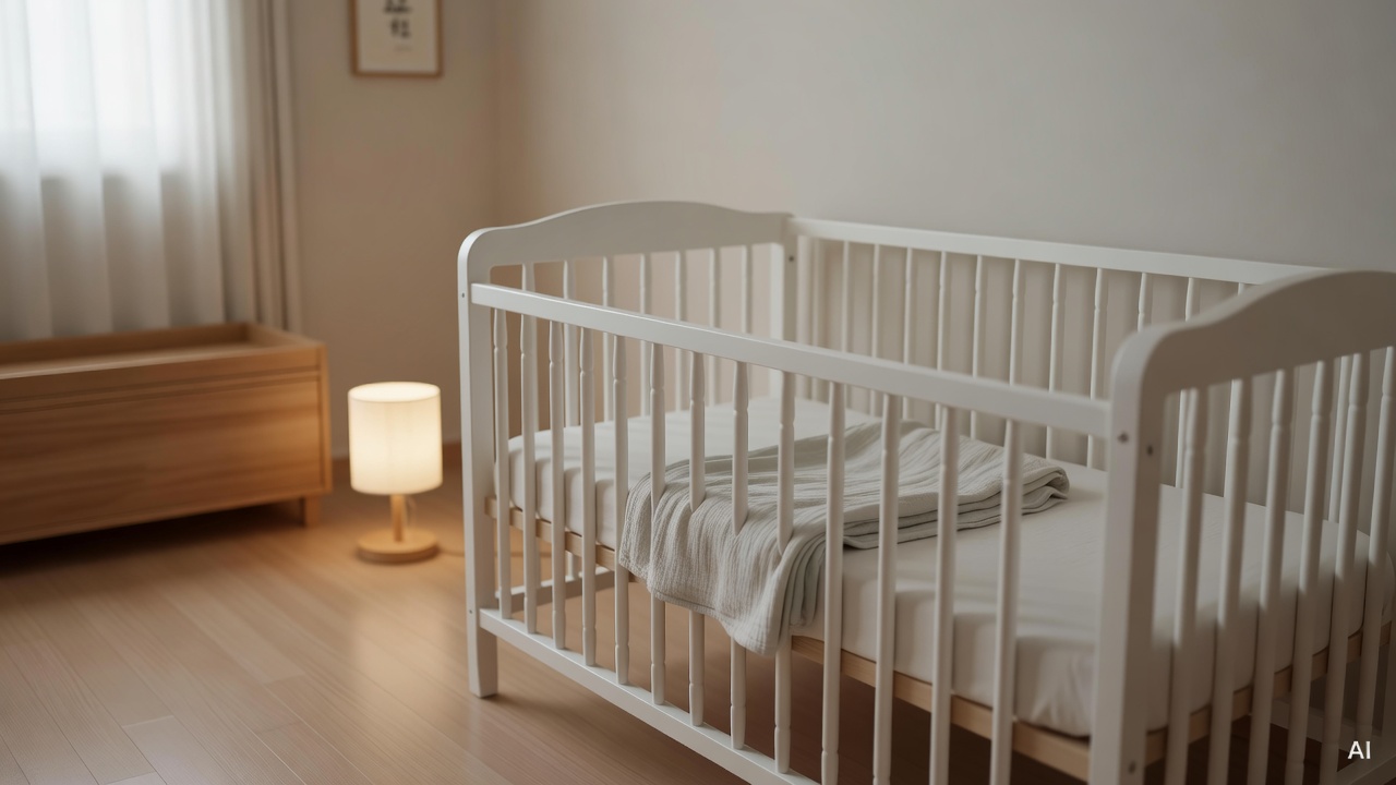 soft nursery room with dim lamp, white crib, and folded blanket on a wooden floor