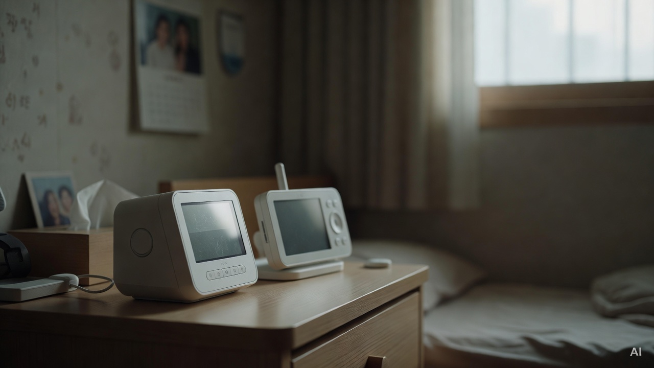 white noise machine and baby monitor placed on a bedside table in a dimly lit room