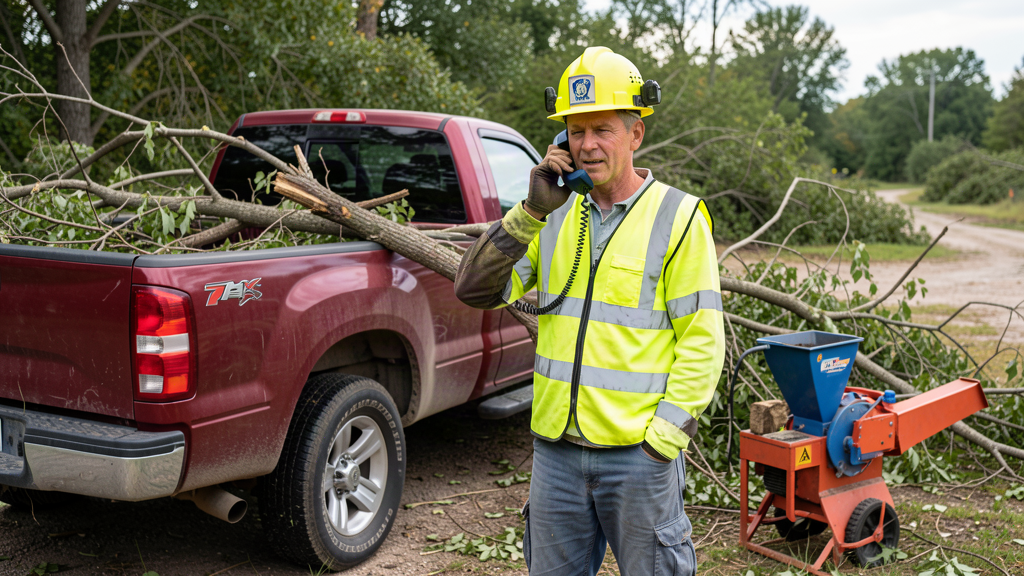 A professional arborist in a safety helmet answering a ringing phone beside a work truck with fallen branches nearby, conveying the urgency of storm-season calls, no text