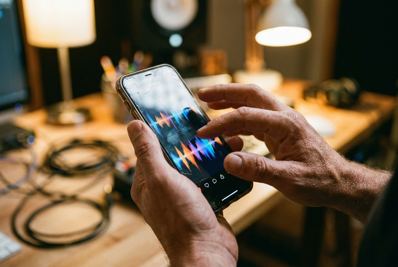alt text: Smartphone screen showing an AI remix interface with waveforms and social sharing buttons