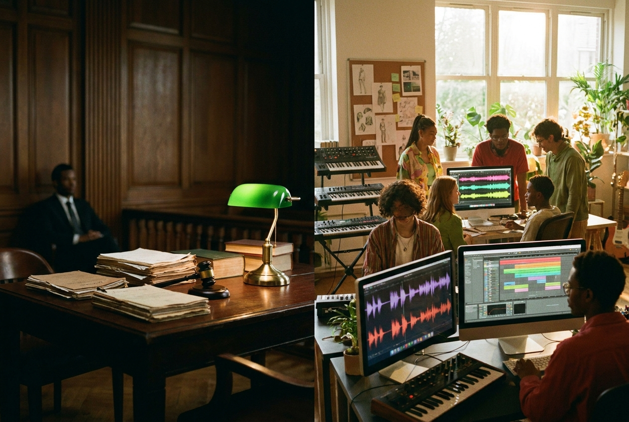 alt text: Split-screen showing two contrasting approaches to AI in music