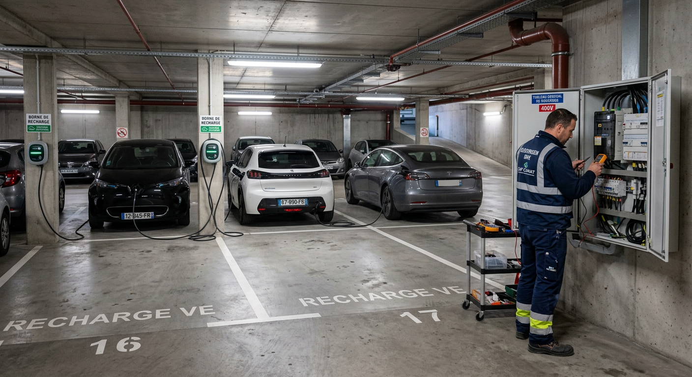 Parking souterrain en copropriété avec plusieurs voitures électriques branchées à des bornes de recharge électrique.