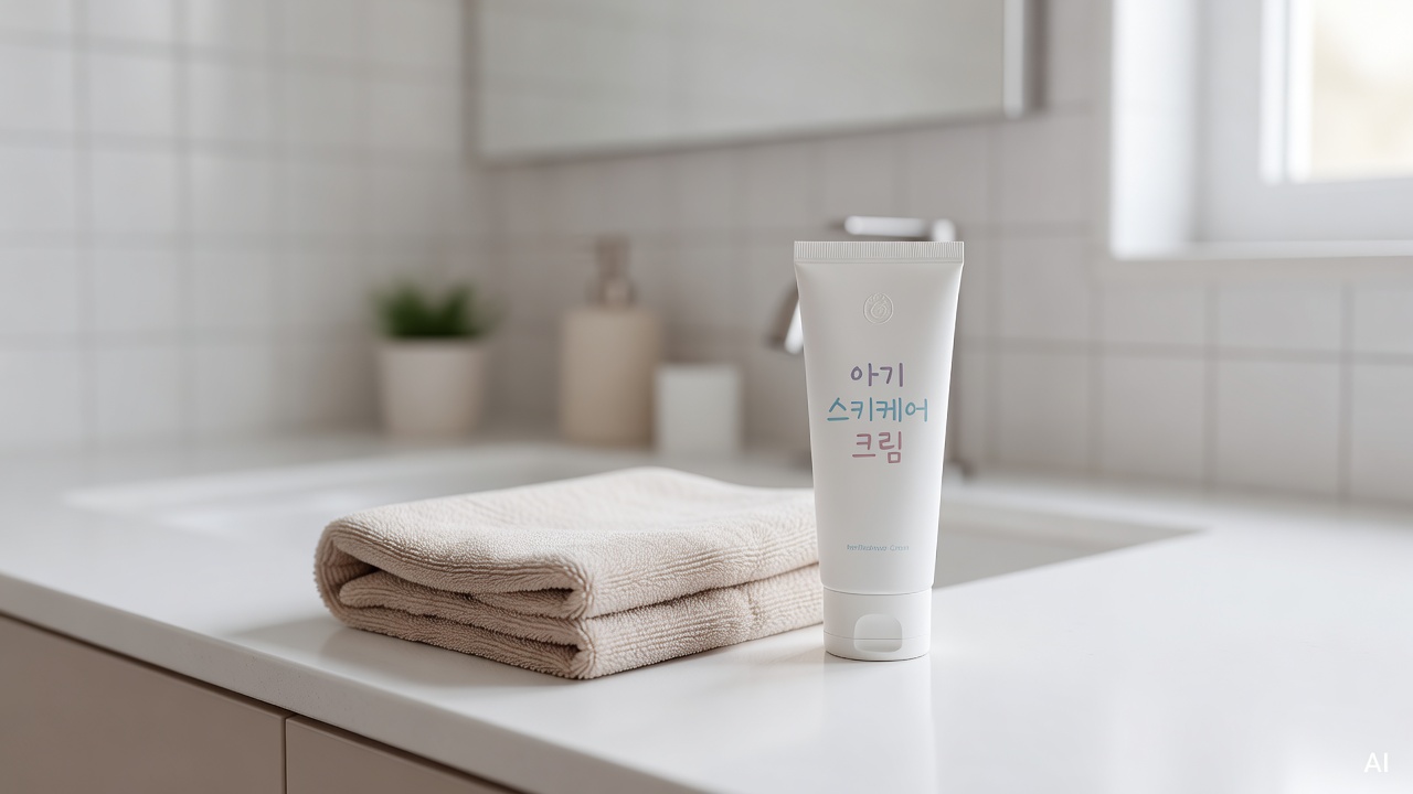 baby skincare cream and soft towel arranged on a white bathroom countertop