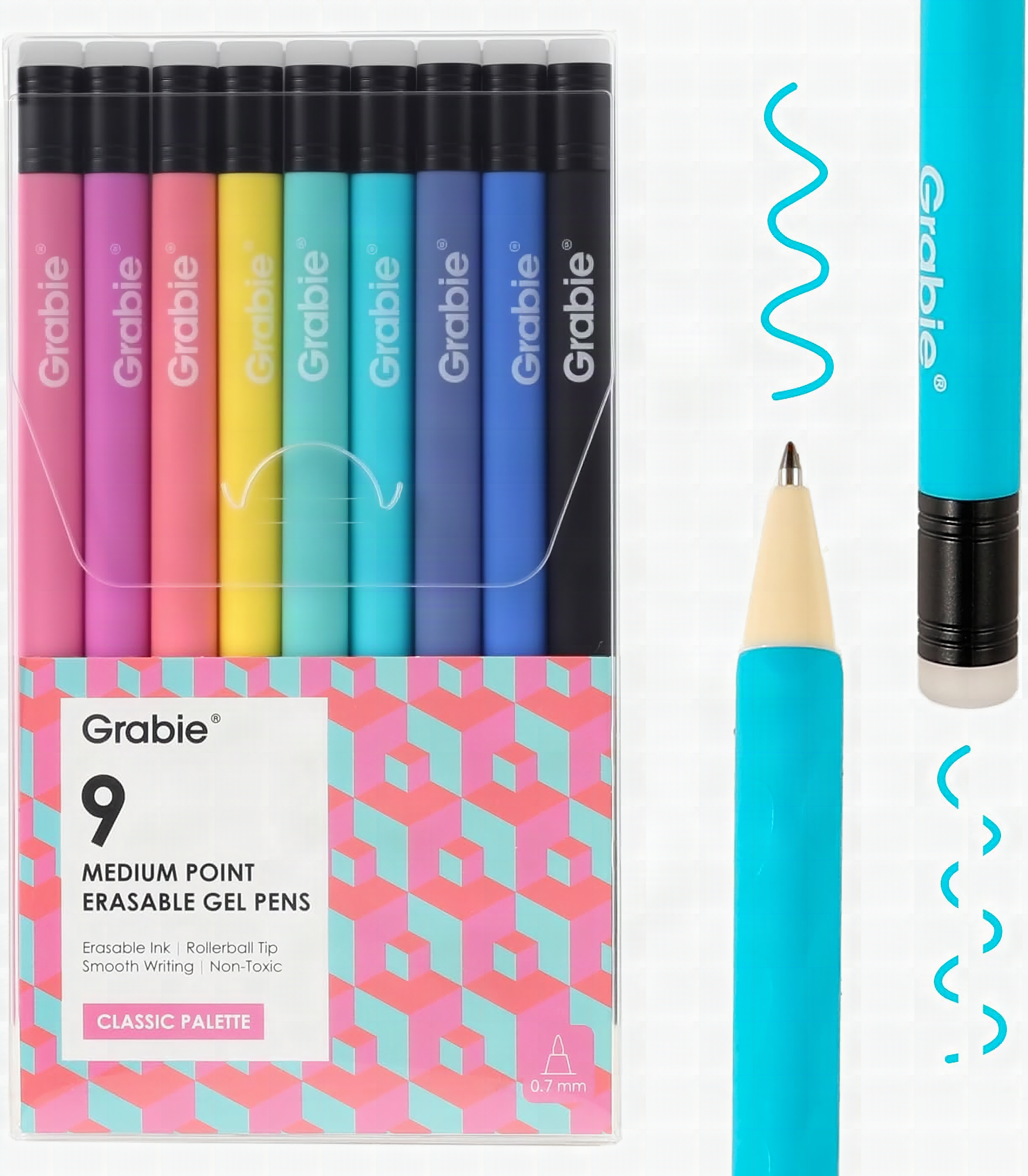 Grabie Erasable Gel Pens, 9 Medium Point 0.7 mm Pens, Classic: A woman writing in a bullet journal with a raspberry Grab