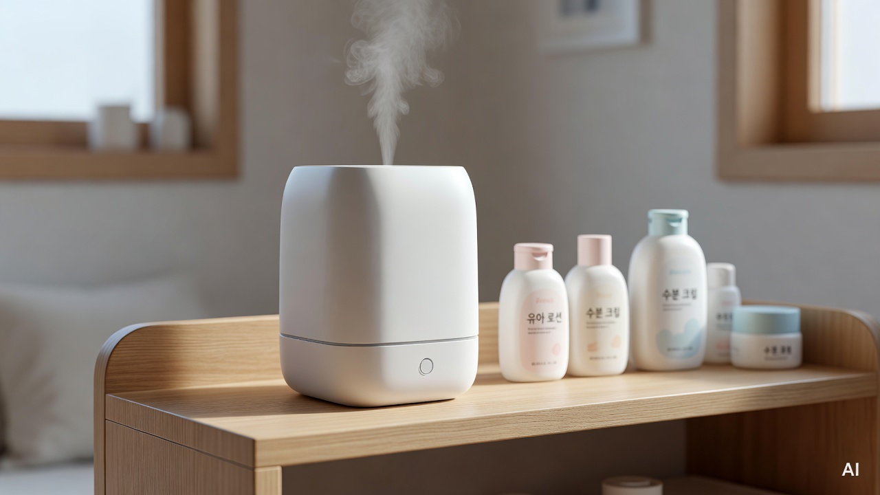 white ceramic humidifier on a wooden shelf next to baby skincare bottles