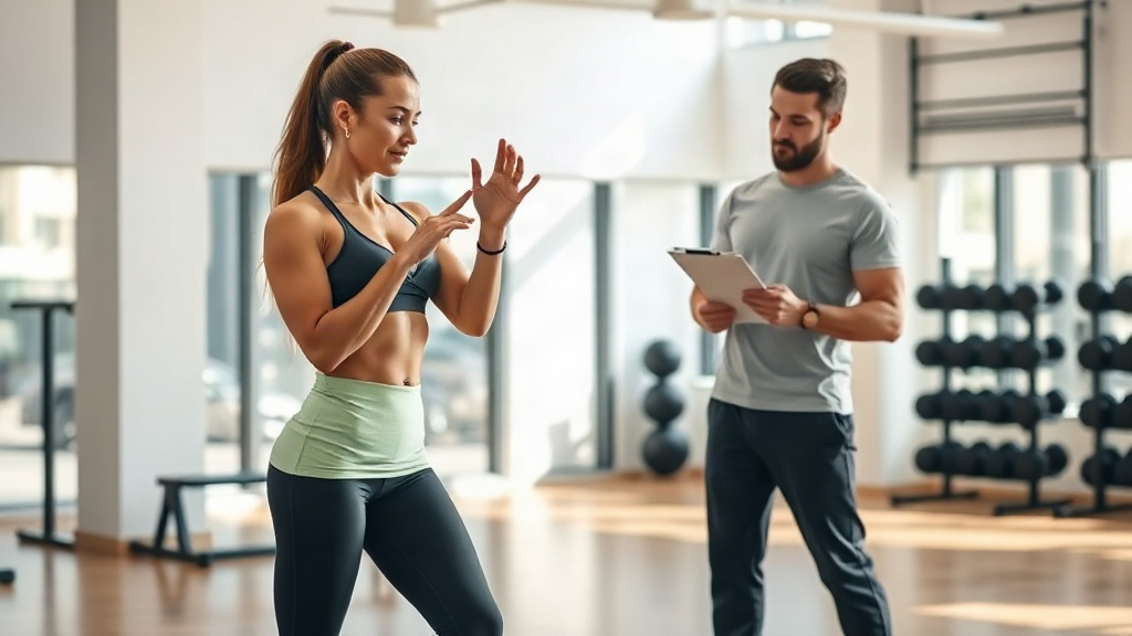 Fit woman performing a single leg balance test in a bright modern gym, trainer observing with clipbo
