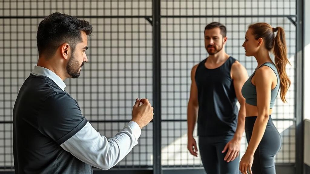 Professional personal trainer conducting a postural assessment on a client standing in front of a gr