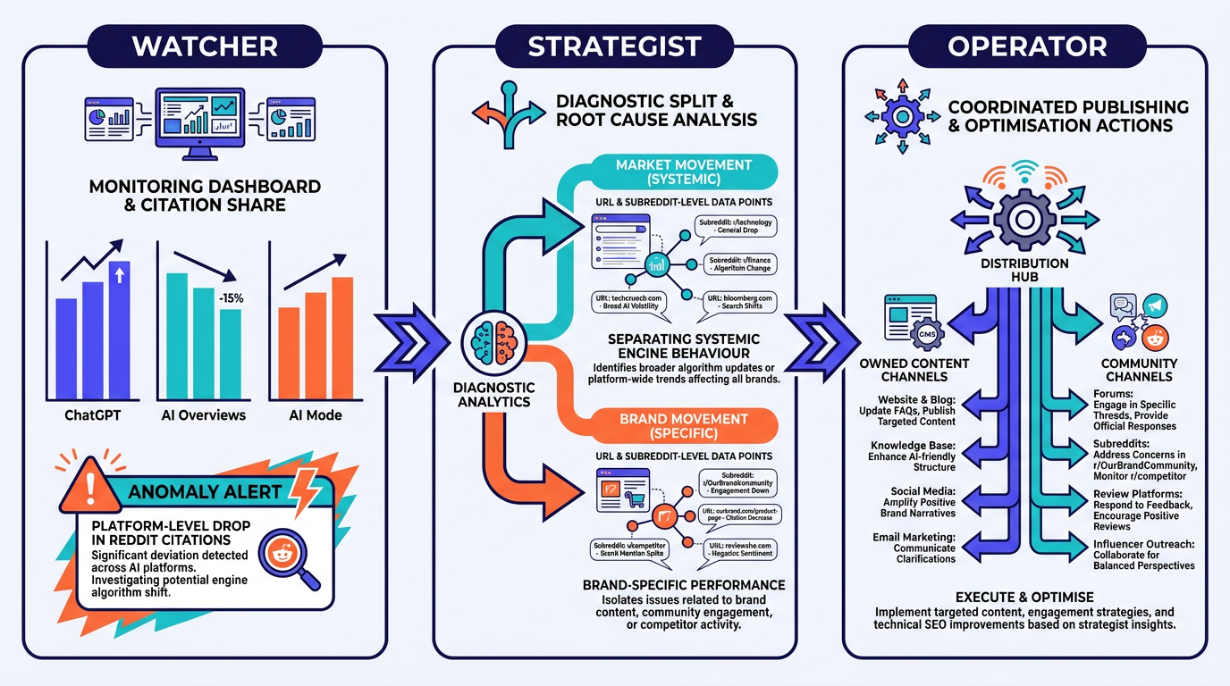 Three-stage GEO citation monitoring workflow: Watcher, Strategist, Operator