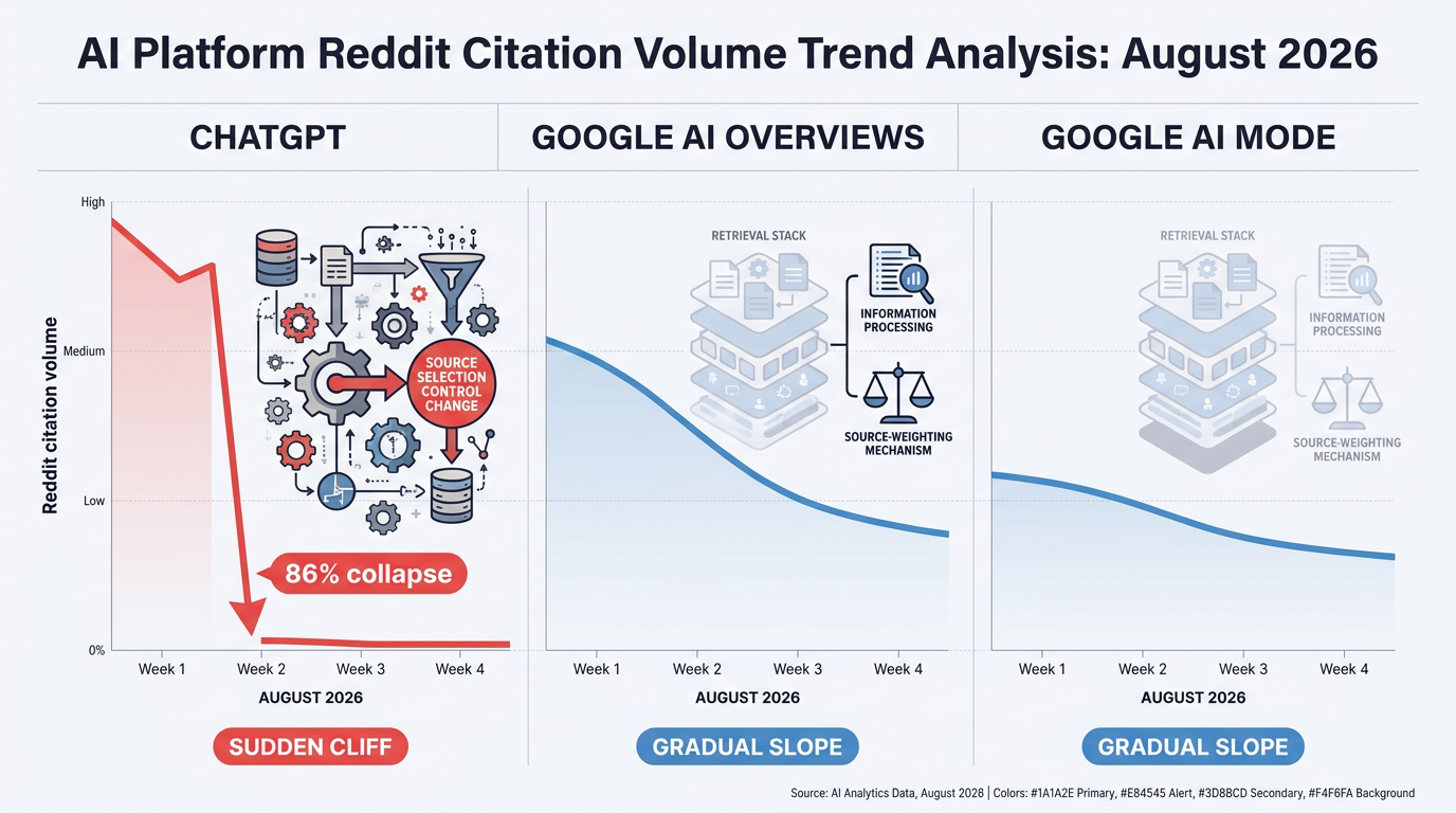 Three-lane comparison infographic showing Reddit citation trends for ChatGPT versus Google AI platforms