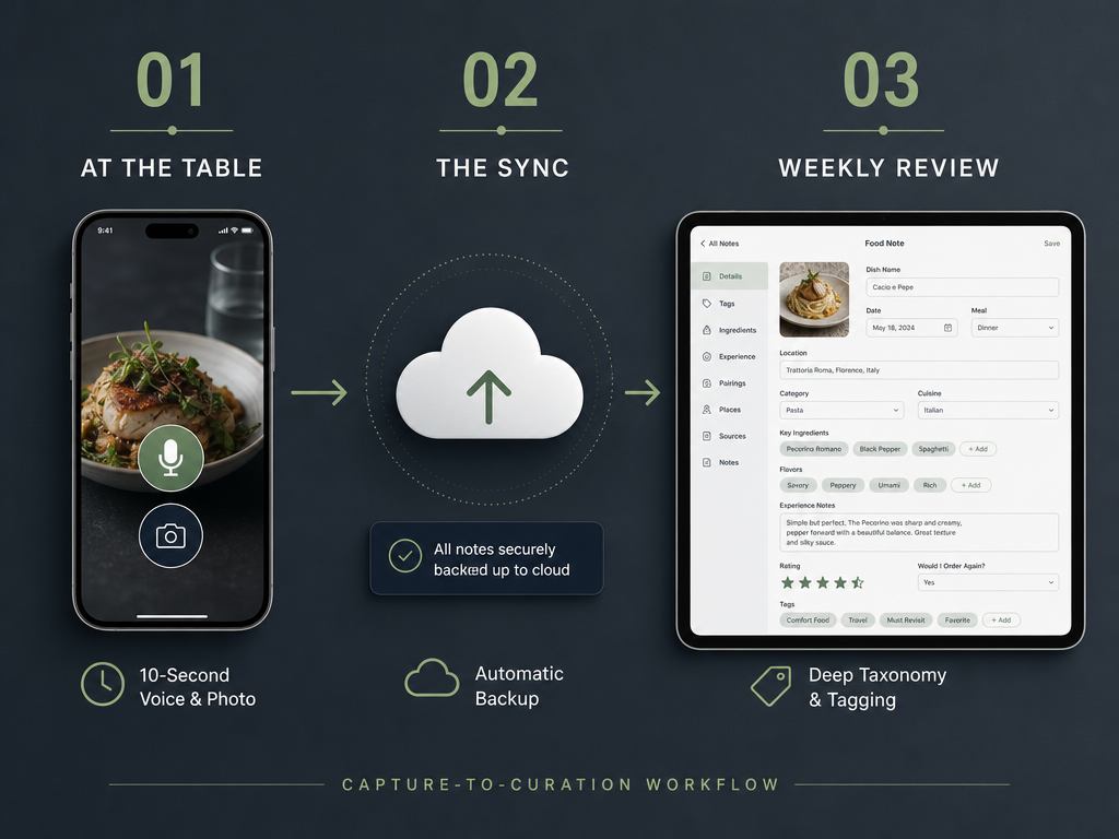 A three-step infographic showing the workflow for private food tasting notes: instant table capture, digital syncing, and weekly detailed review.