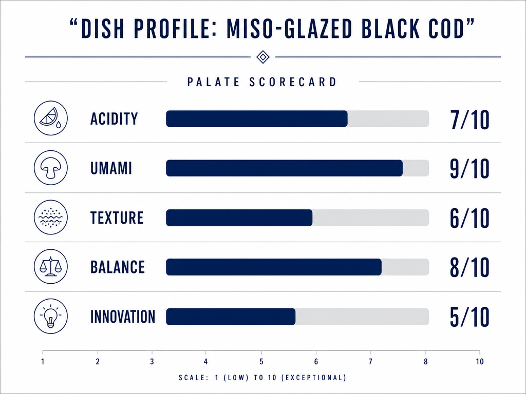 A professional food tasting scorecard showing 1-10 scales for acidity, umami, texture, balance, and innovation for a specific dish.