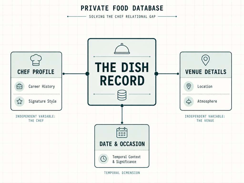 A relational database diagram showing the connection between a specific dish, the chef's career profile, the venue location, and the date.