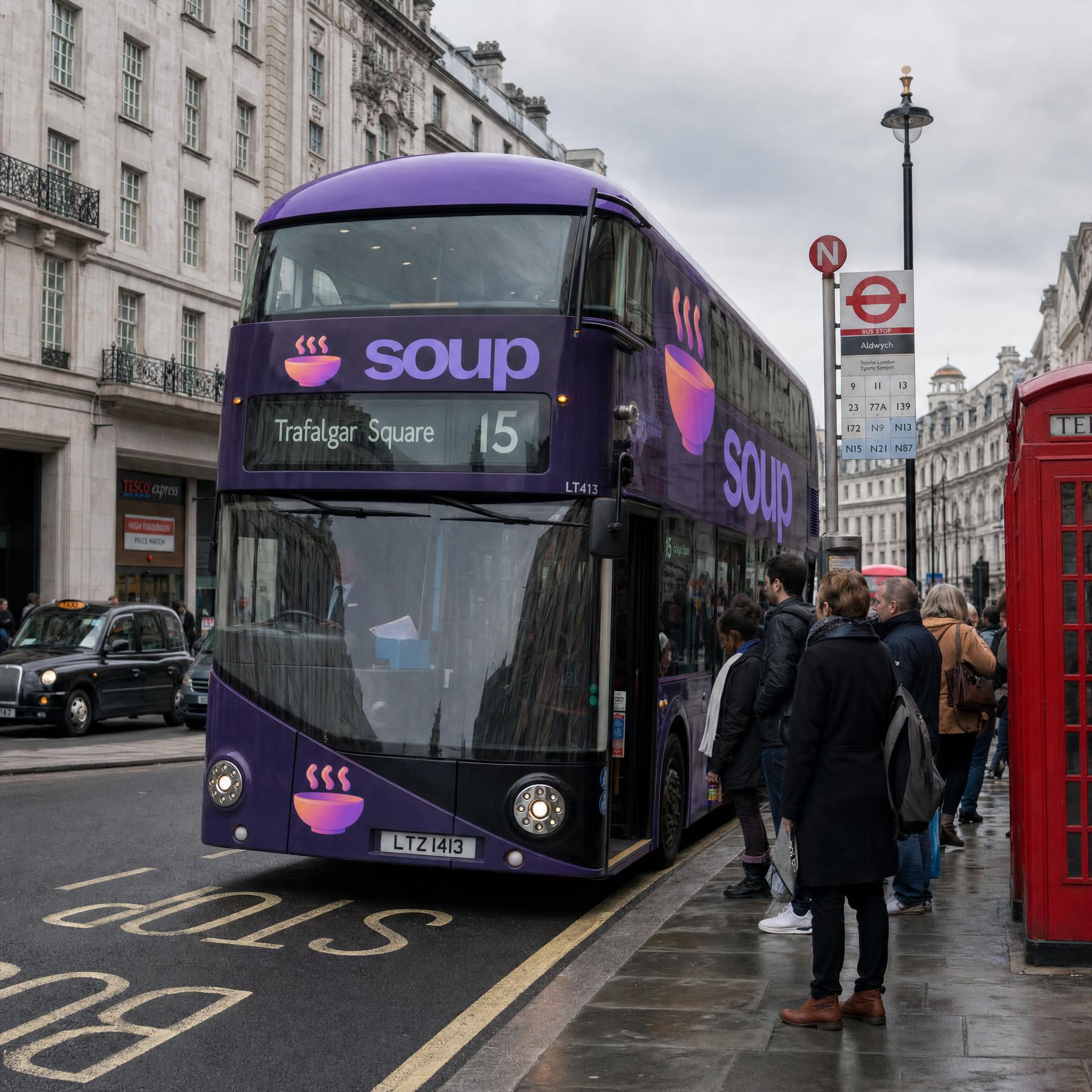Double-decker bus wrapped in full branding livery on a city street