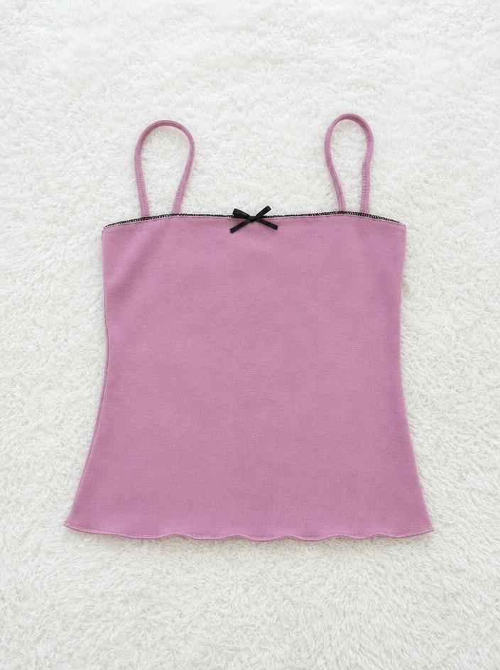 Pink Camisole Cami Top with Black Lace Trim & Bow – Very Good