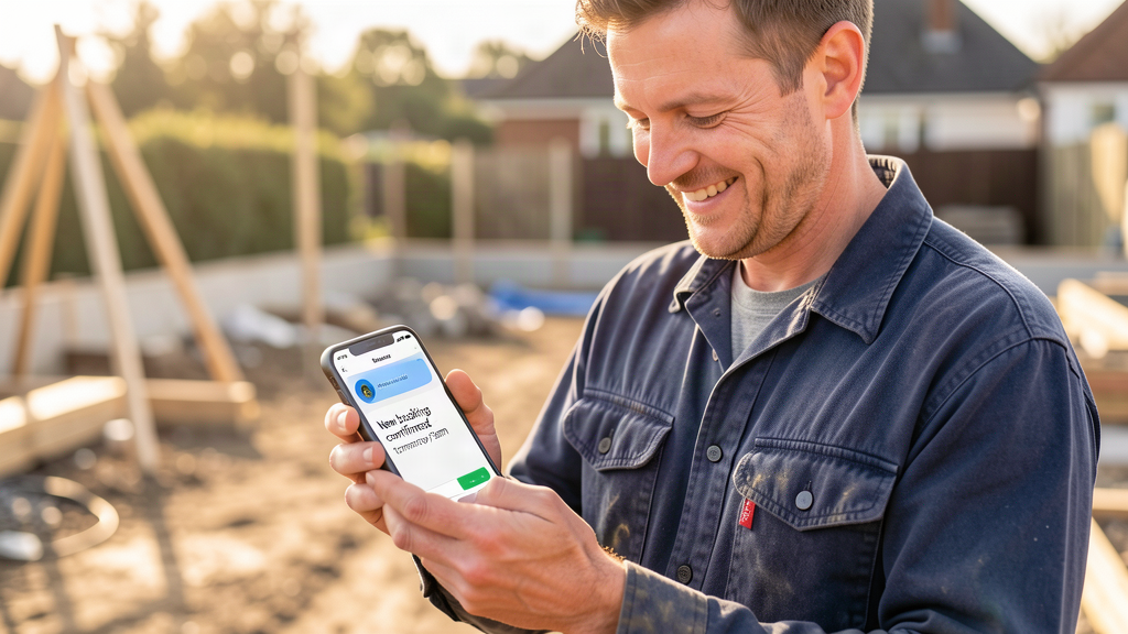 UK tradesman getting a job booking notification on his phone while on site