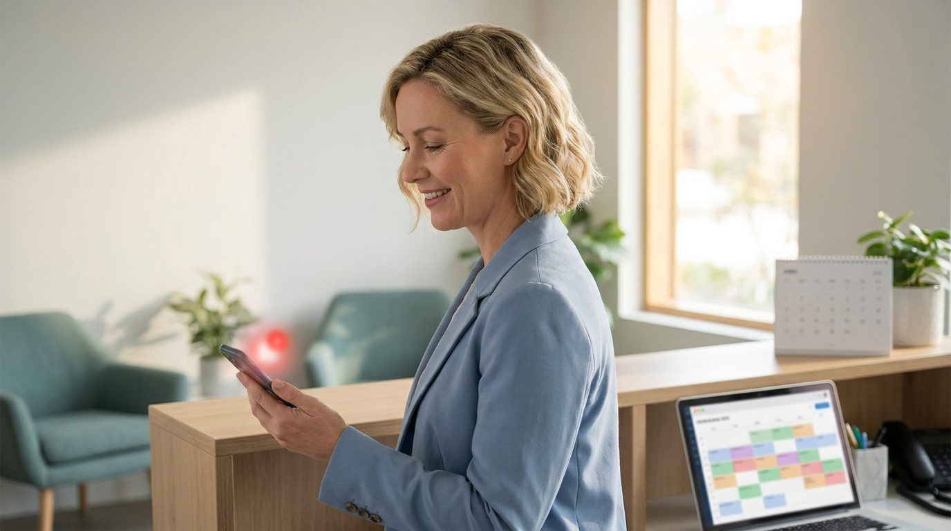 Ondernemer aan een moderne balie kijkt op haar smartphone naar een melding, met een agenda en laptop met een strak afsprakenoverzicht ernaast