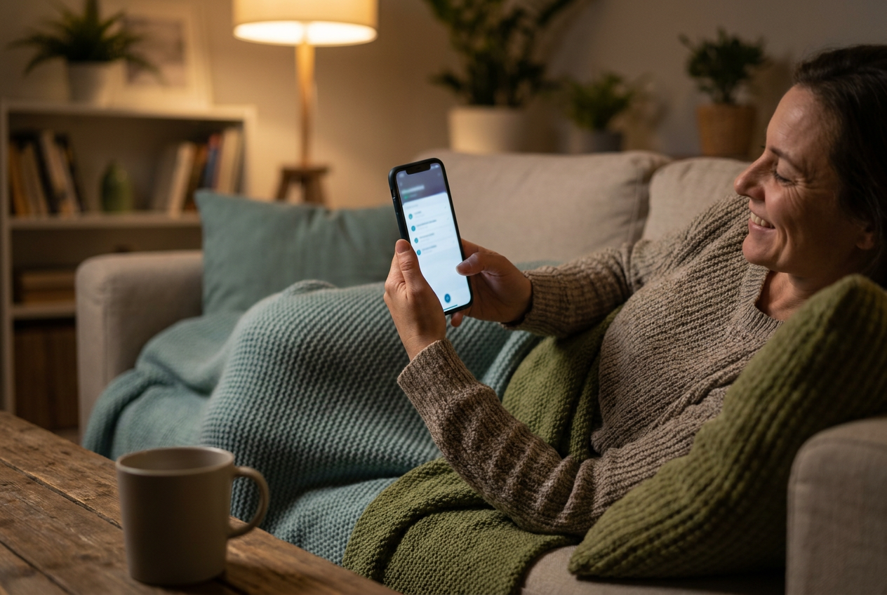 Ontspannen klant thuis op de bank in de avond bevestigt glimlachend een afspraak op de smartphone