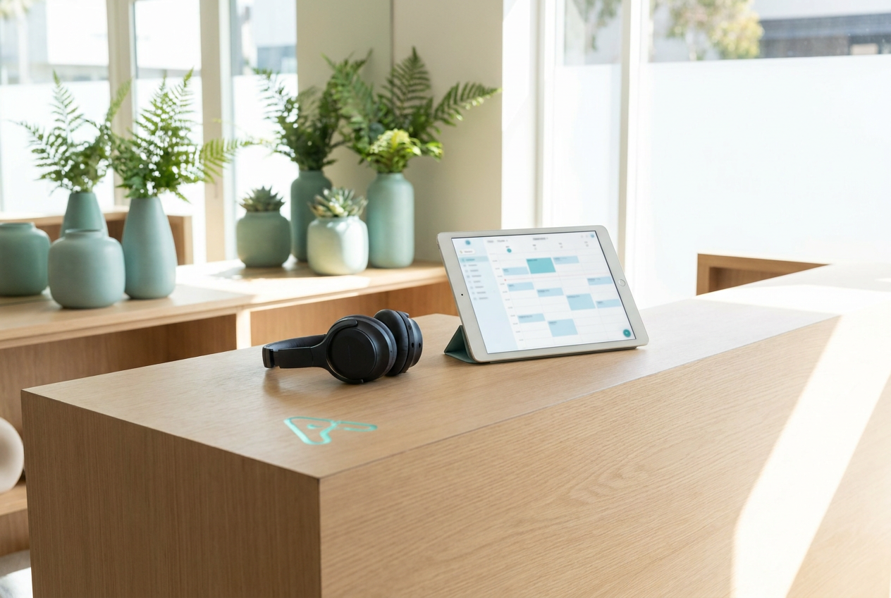 Rustige moderne balie van een salon en praktijk met een headset op de balie en een tablet met een strak afsprakenoverzicht