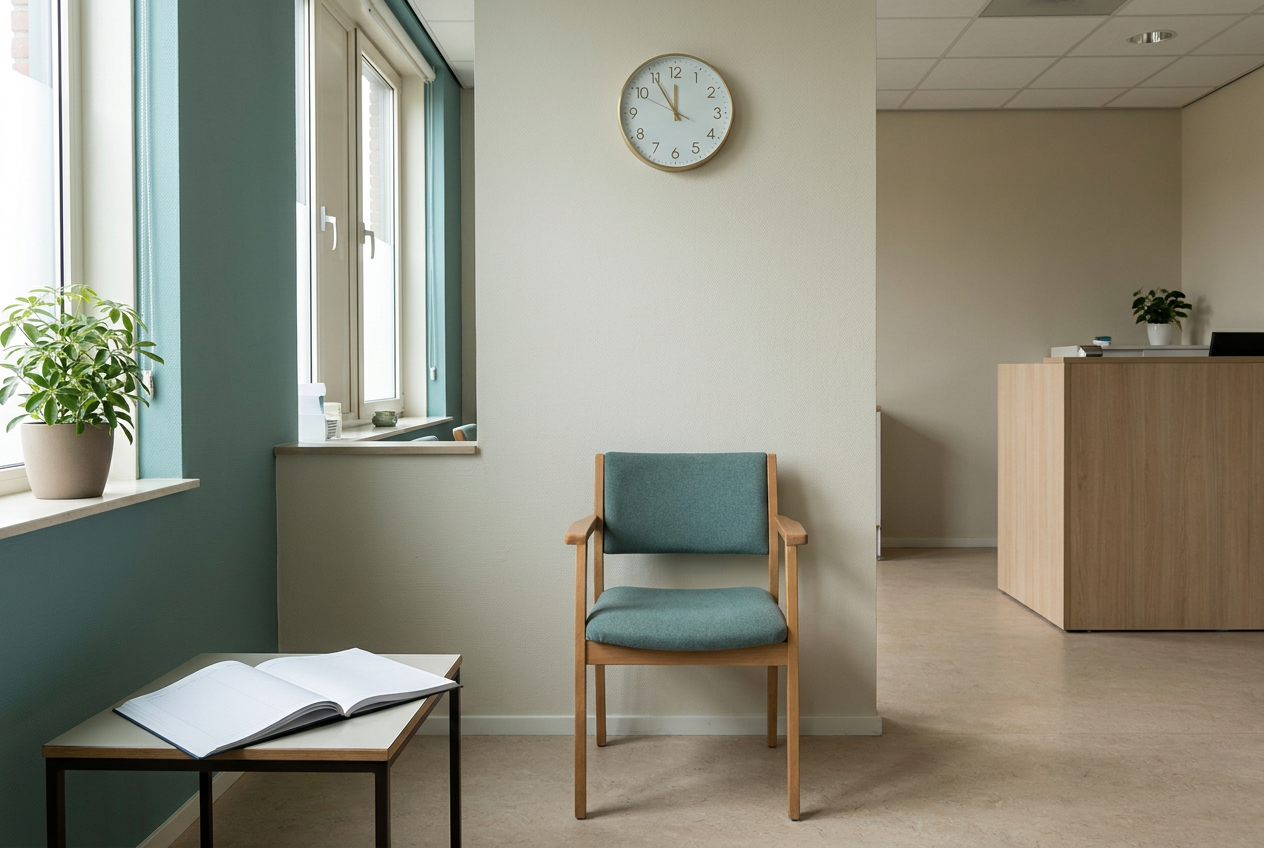 Lege stoel en een open afsprakenplek in een kleine praktijk, met een klok aan de muur, symbool voor een gemiste afspraak