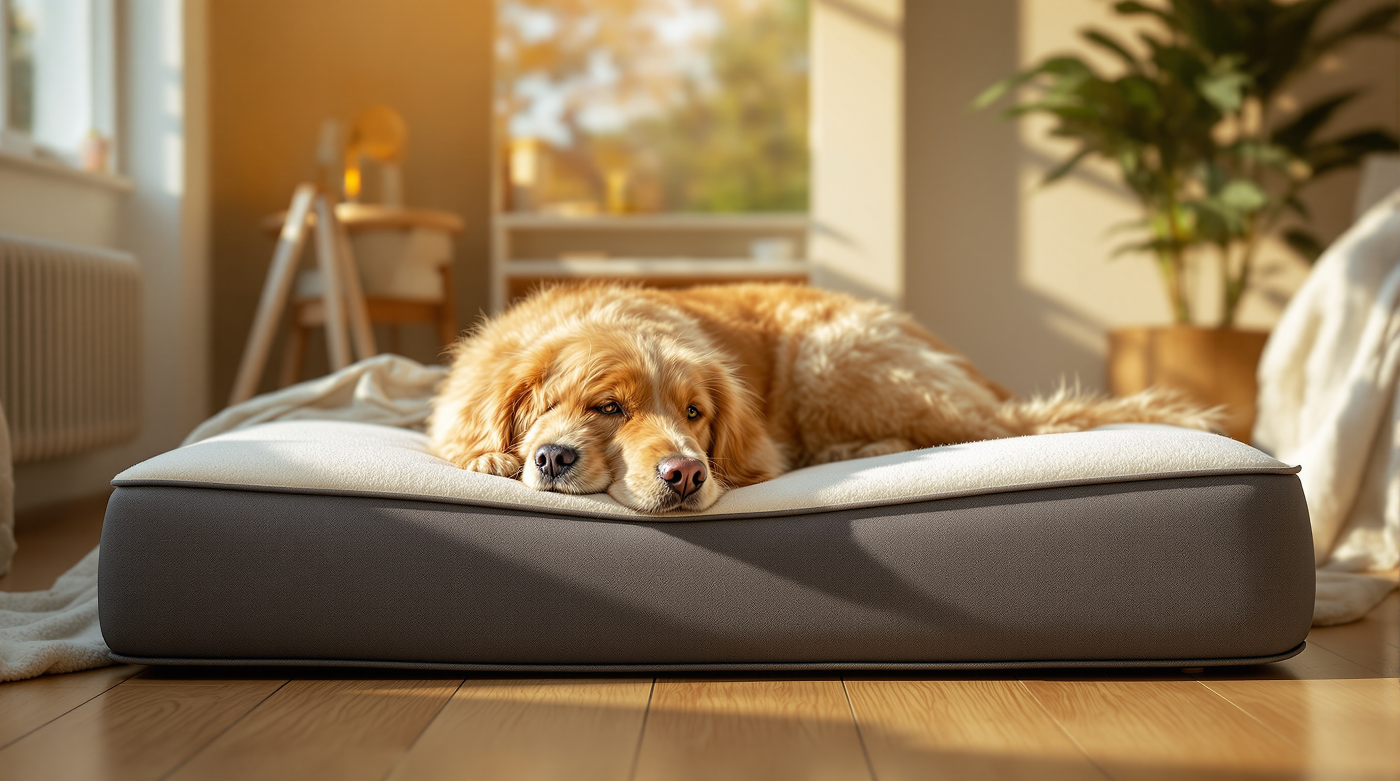 Senior golden retriever resting comfortably on an orthopedic memory foam bed in a sunlit living room
