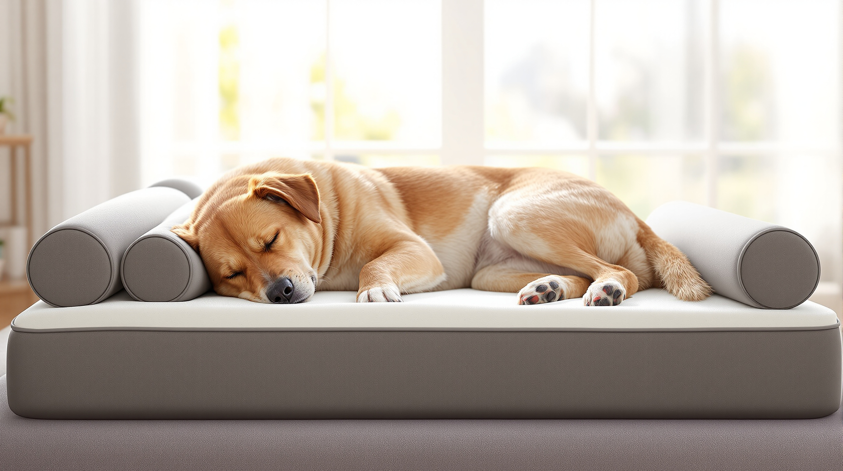 Senior dog on orthopedic bed