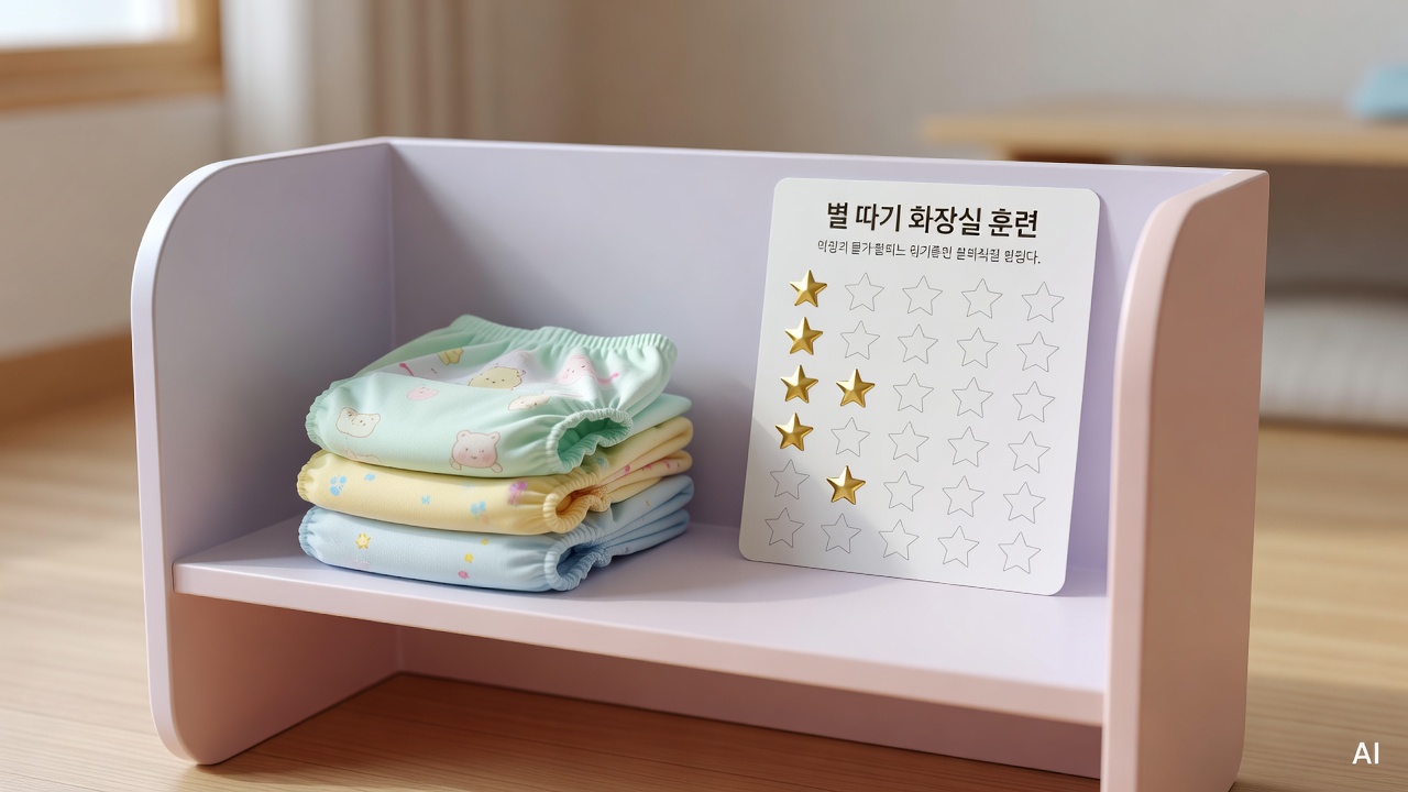 children's training pants and a small potty chart with star stickers on a pastel-colored shelf