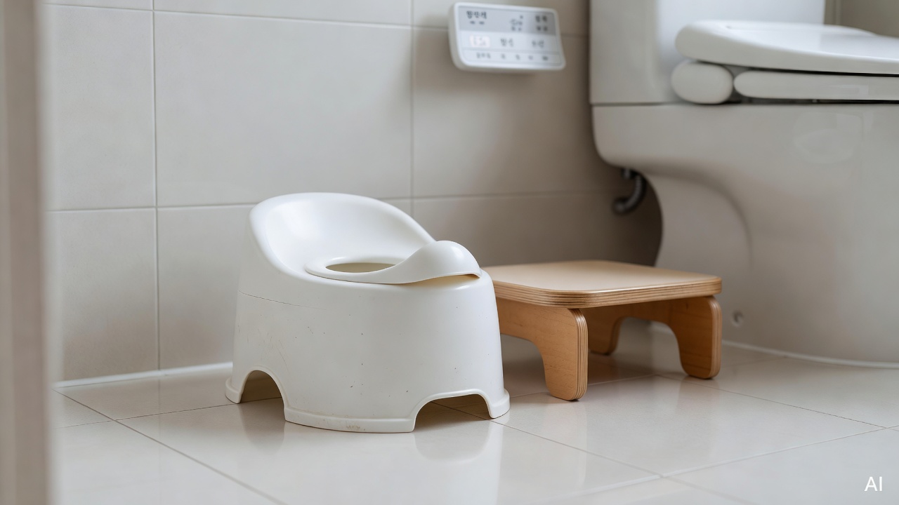 small white potty chair placed on a light-colored bathroom floor with a children's step stool nearby
