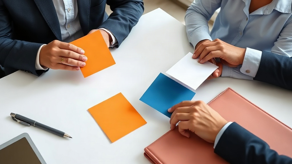 Mortgage professionals reviewing borrower journey handoff cards at a desk
