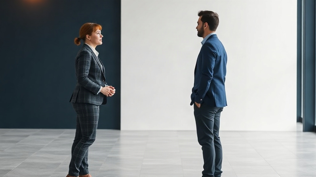 Mortgage loan officer and operations colleague reviewing a CRM fit decision in a clean navy and white office.