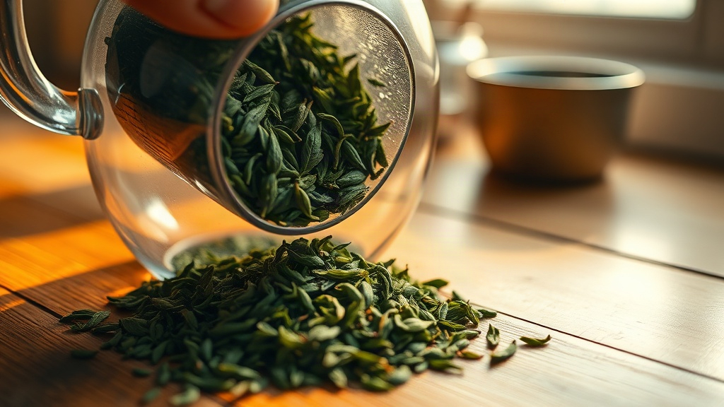 Feuilles de thé vert sencha versées dans un infuseur en verre sur une table en bois