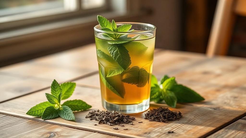 Verre de thé vert en cold brew avec feuilles de menthe fraîche sur une table rustique